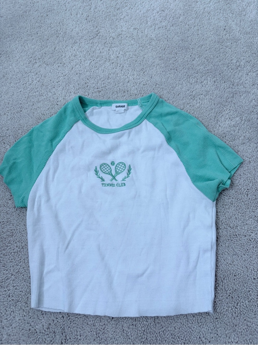 Garage White and Mint Green Raglan Tennis Club Crop Tee